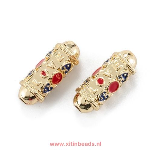 metalen kralen met een boodschap tekst love in rood en blauw